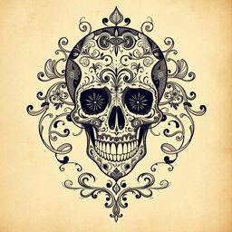 An intricate skull design, featuring ornate patterns and details that create a mesmerizing and artistic visual