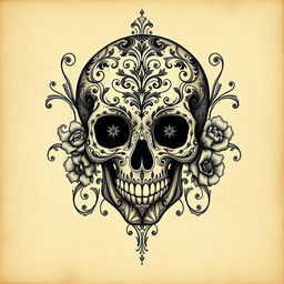 An intricate skull design, featuring ornate patterns and details that create a mesmerizing and artistic visual