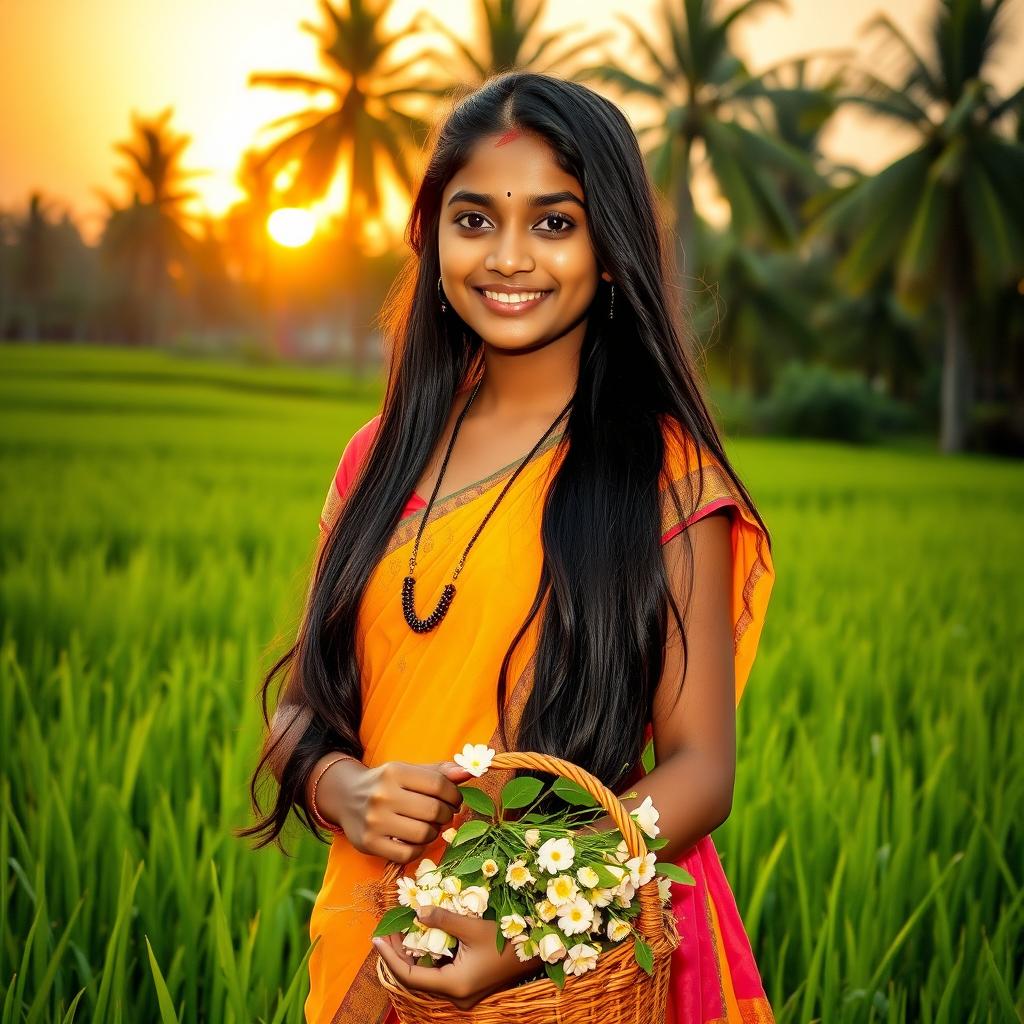 A beautiful Mallu girl, with long black hair and traditional Kerala attire, standing in a lush green paddy field