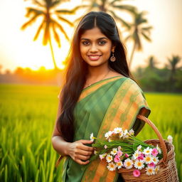 A beautiful Mallu girl, with long black hair and traditional Kerala attire, standing in a lush green paddy field