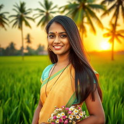 A beautiful Mallu girl, with long black hair and traditional Kerala attire, standing in a lush green paddy field