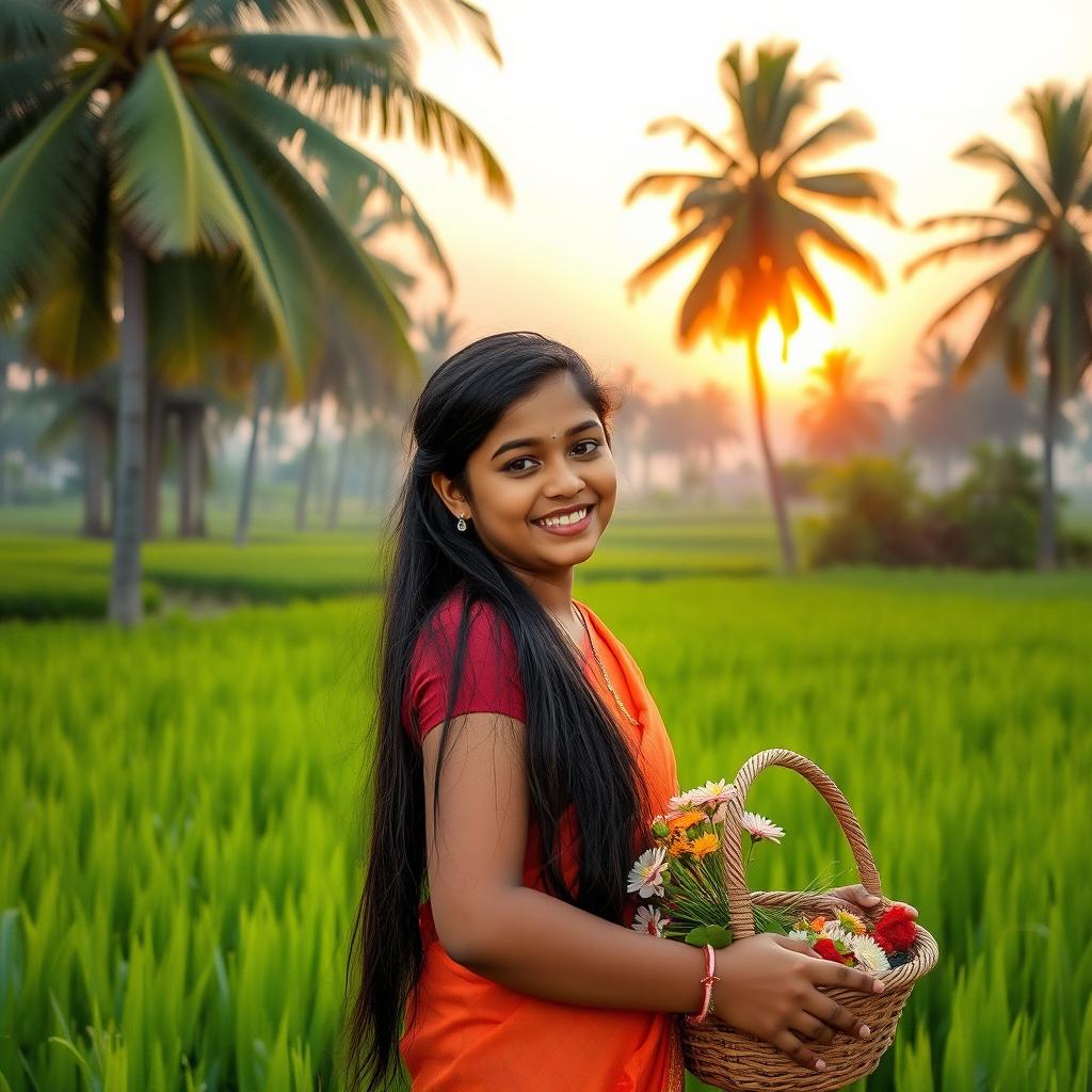 A beautiful Mallu girl, with long black hair and traditional Kerala attire, standing in a lush green paddy field