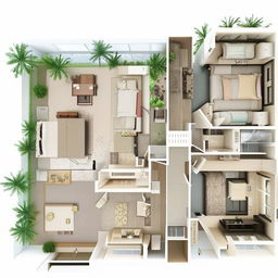 An open floor plan featuring two master bedrooms, a small storage room, a shared bathroom, and an open kitchen. A spacious living room opens to a balcony, as does one of the master bedrooms.