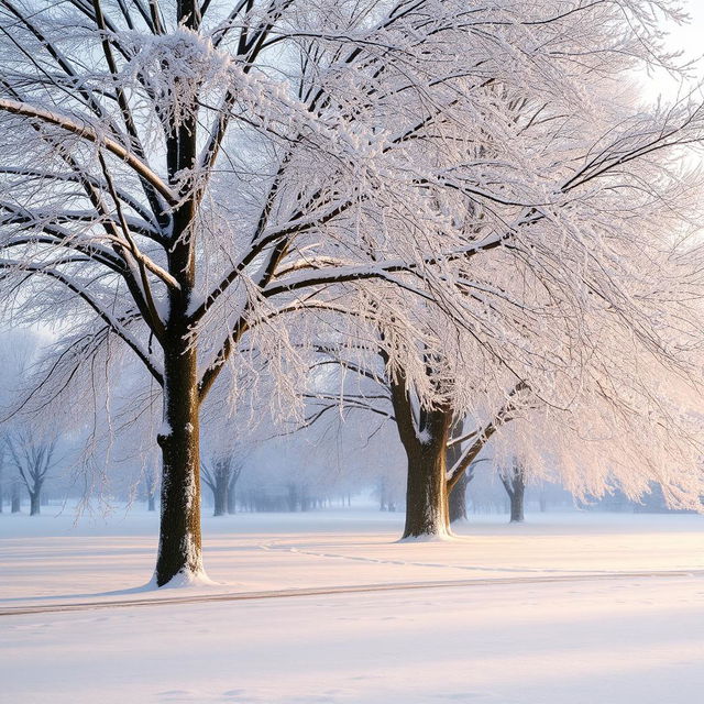 A serene winter landscape featuring majestic trees covered in a blanket of snow