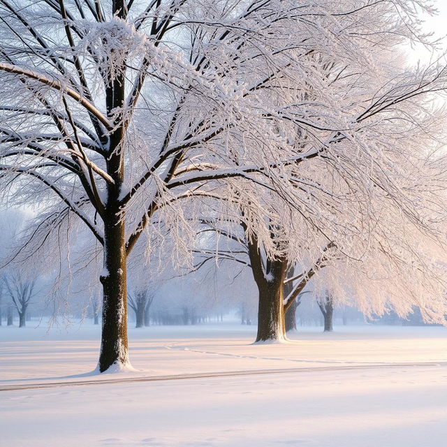 A serene winter landscape featuring majestic trees covered in a blanket of snow