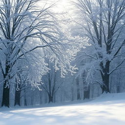 A serene winter landscape featuring majestic trees covered in a blanket of snow