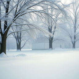 A serene winter landscape featuring majestic trees covered in a blanket of snow