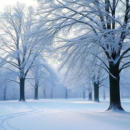 A serene winter landscape featuring majestic trees covered in a blanket of snow