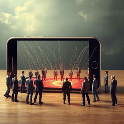 Create an image depicting people being manipulated through a mobile screen