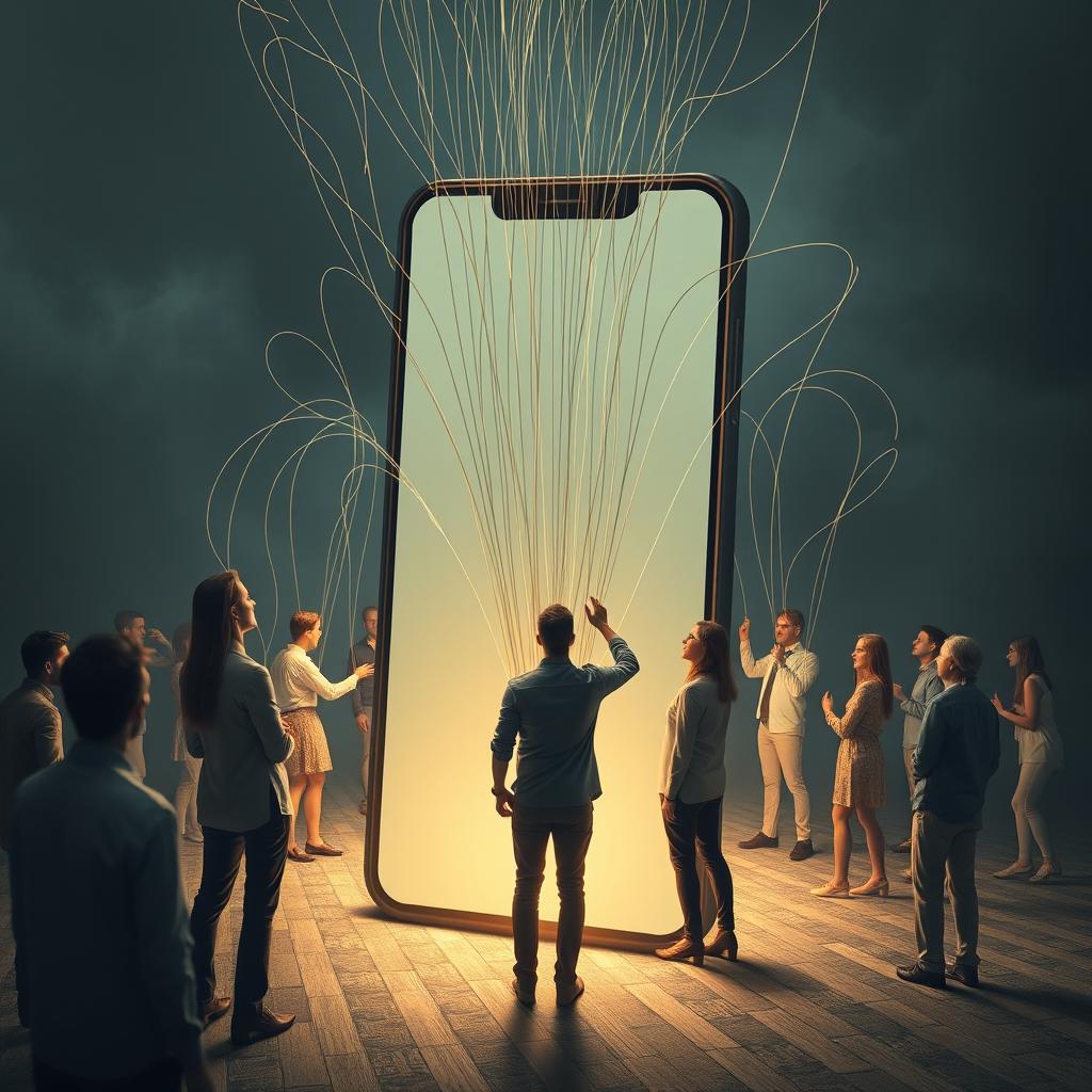 Create an image depicting people being manipulated through a mobile screen