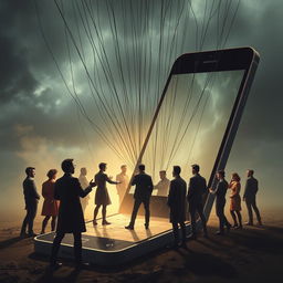 Create an image depicting people being manipulated through a mobile screen