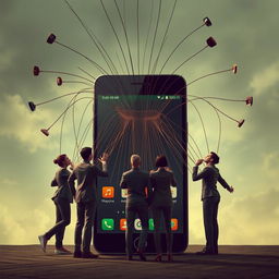 Create an image depicting people being manipulated through a mobile screen