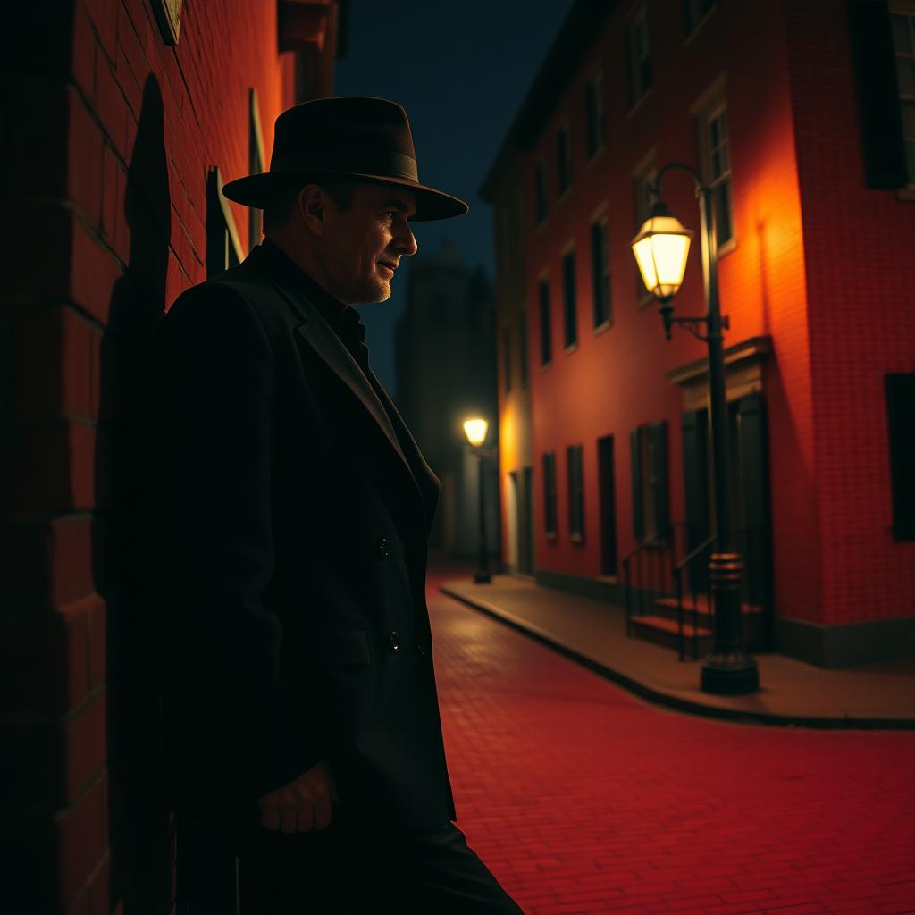 A man resembling Mel Gibson in stature, wearing a dark business suit and a dark fedora hat, leans casually against a red brick colonial-style building