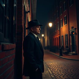 A man resembling Mel Gibson in stature, wearing a dark business suit and a dark fedora hat, leans casually against a red brick colonial-style building