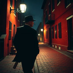 A man resembling Mel Gibson in stature, wearing a dark business suit and a dark fedora hat, leans casually against a red brick colonial-style building