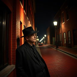 A man resembling Mel Gibson in stature, wearing a dark business suit and a dark fedora hat, leans casually against a red brick colonial-style building