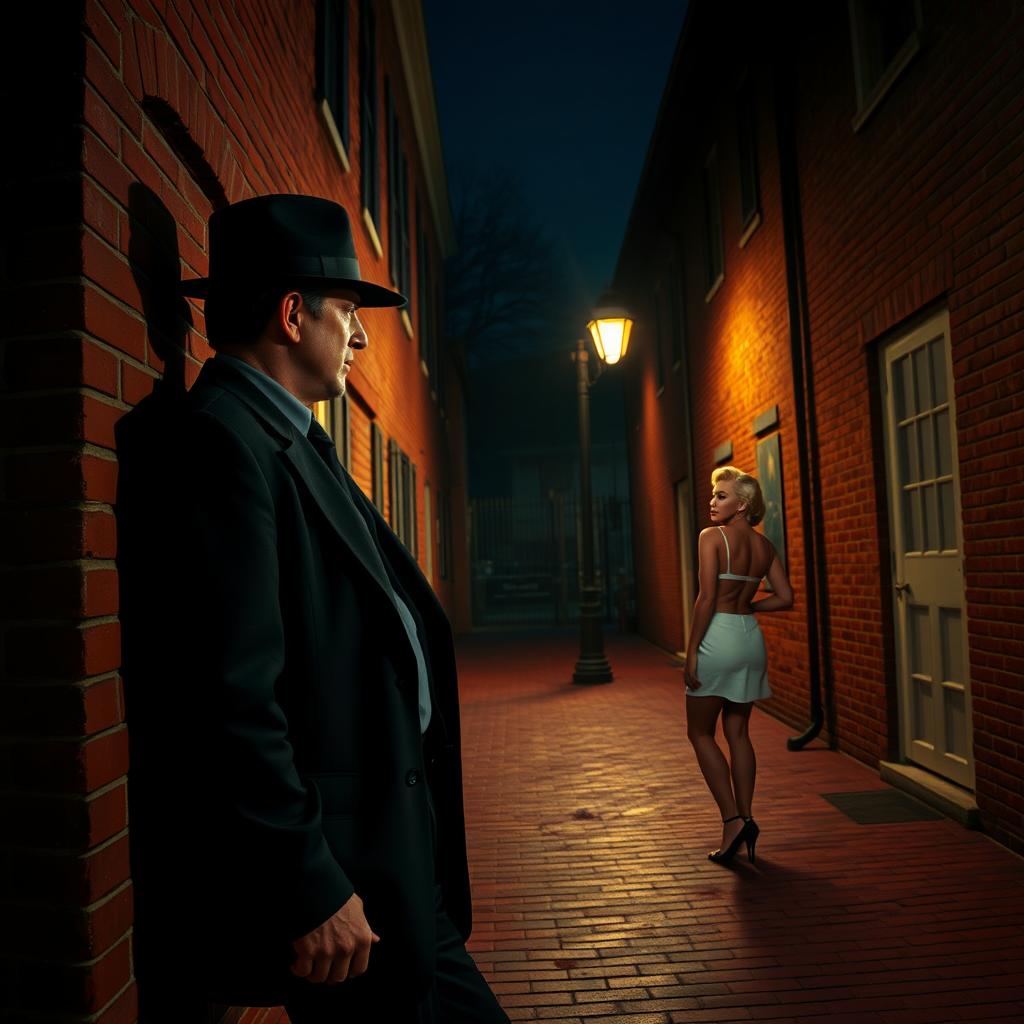 A man resembling Mel Gibson in stature, dressed in a dark business suit and dark fedora hat, leans against a red brick colonial-style building