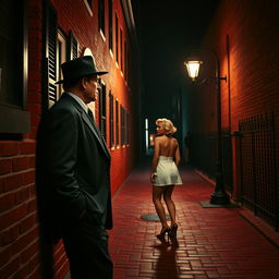 A man resembling Mel Gibson in stature, dressed in a dark business suit and dark fedora hat, leans against a red brick colonial-style building