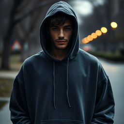 A person wearing an oversized hoodie, the fabric clearly looks a size too large, creating a cozy and relaxed appearance