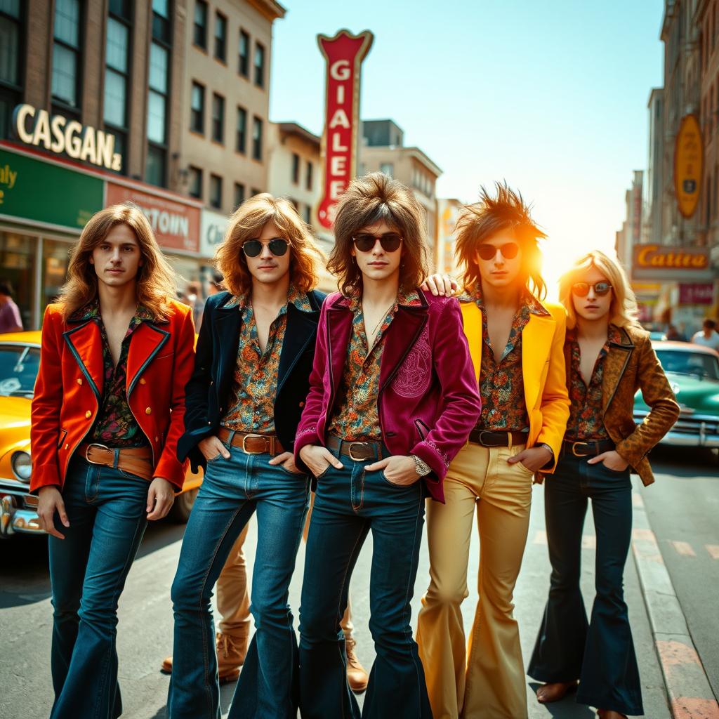 A vibrant scene capturing a group of stylish, young men from the 1970s, embodying the glam rock era