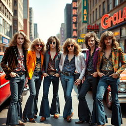 A vibrant scene capturing a group of stylish, young men from the 1970s, embodying the glam rock era