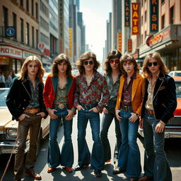 A vibrant scene capturing a group of stylish, young men from the 1970s, embodying the glam rock era