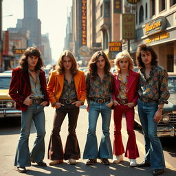 A vibrant scene capturing a group of stylish, young men from the 1970s, embodying the glam rock era