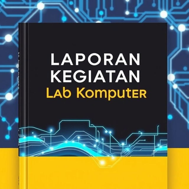 Desain sampul buku laporan kegiatan lab komputer yang futuristik dengan elemen digital
