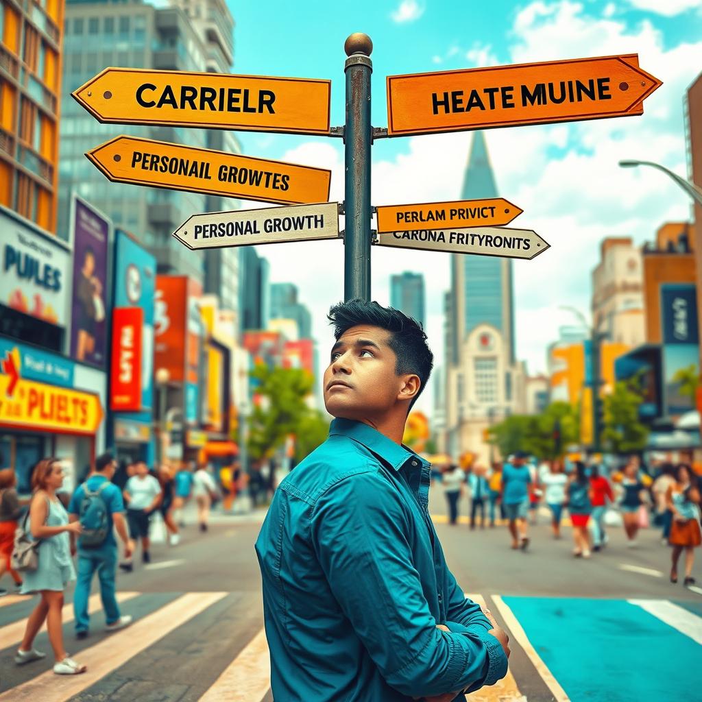 A person standing at a crossroads in a vibrant cityscape