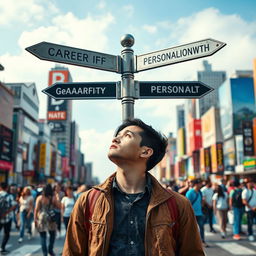 A person standing at a crossroads in a vibrant cityscape