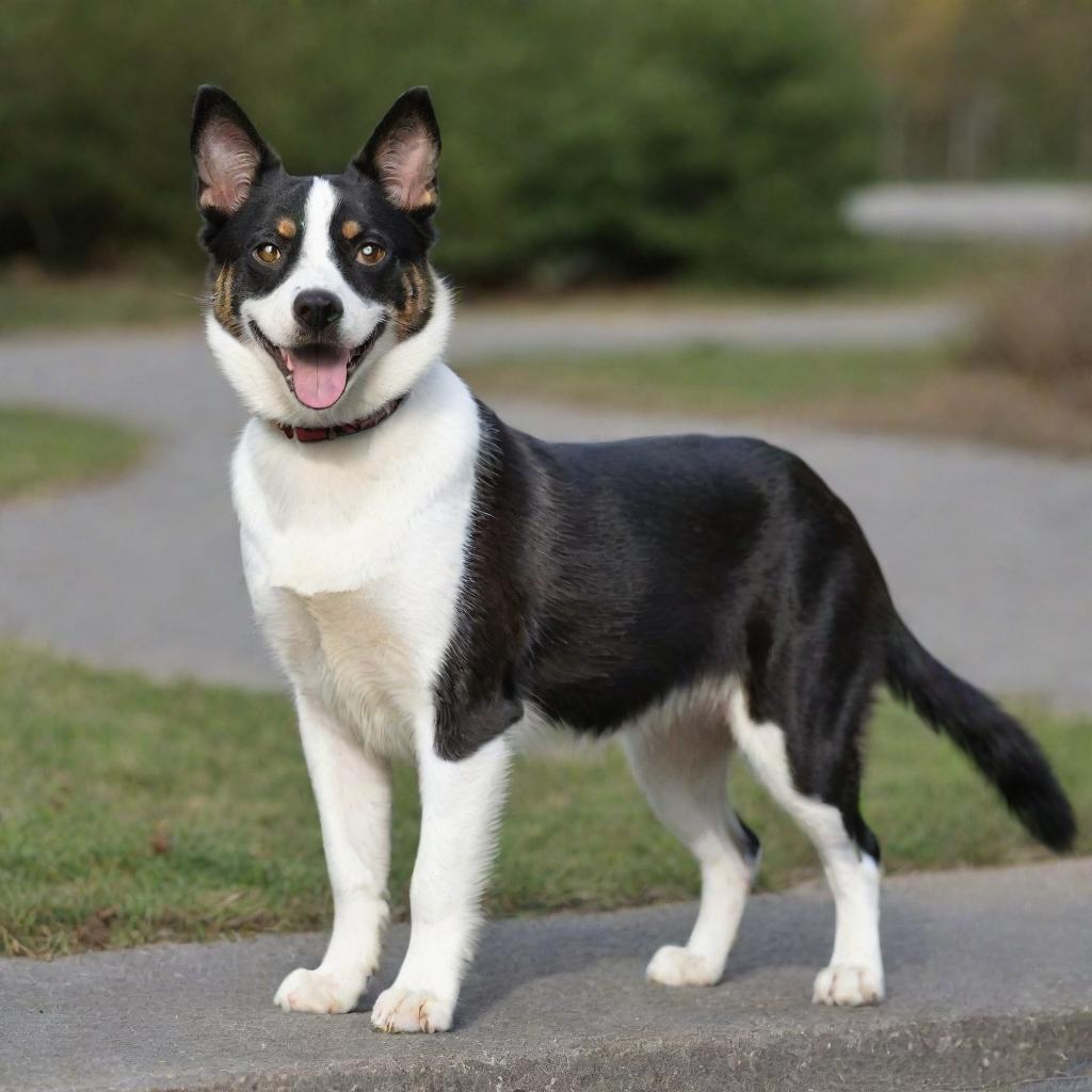 An adult cat-dog hybrid, perfectly blending feline grace and canine exuberance. The cat side has sleek, mature markings, while the dog half showcases full grown features with a wagging tail.