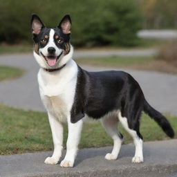 An adult cat-dog hybrid, perfectly blending feline grace and canine exuberance. The cat side has sleek, mature markings, while the dog half showcases full grown features with a wagging tail.