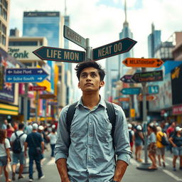 A person standing at a crossroads in a vibrant cityscape