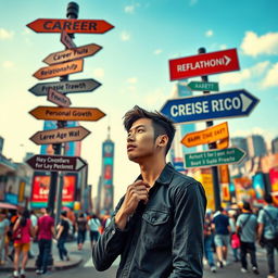 A person standing at a crossroads in a vibrant cityscape