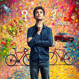 A person standing in a colorful and vibrant scene, pondering between everyday objects: pizza versus salad, and bicycle versus car