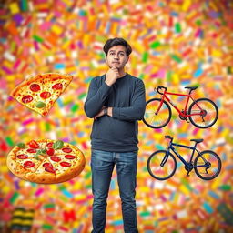 A person standing in a colorful and vibrant scene, pondering between everyday objects: pizza versus salad, and bicycle versus car