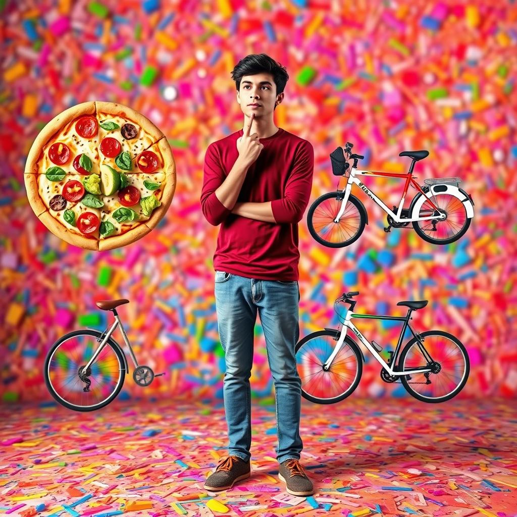 A person standing in a colorful and vibrant scene, pondering between everyday objects: pizza versus salad, and bicycle versus car