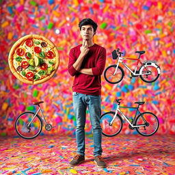 A person standing in a colorful and vibrant scene, pondering between everyday objects: pizza versus salad, and bicycle versus car