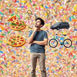 A person standing in a colorful and vibrant scene, pondering between everyday objects: pizza versus salad, and bicycle versus car