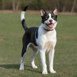 An adult cat-dog hybrid, perfectly blending feline grace and canine exuberance. The cat side has sleek, mature markings, while the dog half showcases full grown features with a wagging tail.