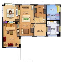 An open floor plan featuring two master bedrooms, a small storage room, a shared bathroom, and an open kitchen. A spacious living room opens to a balcony, as does one of the master bedrooms.