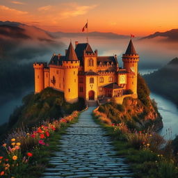 An impressive medieval castle situated on a hilltop, surrounded by misty forests and a serene river flowing nearby