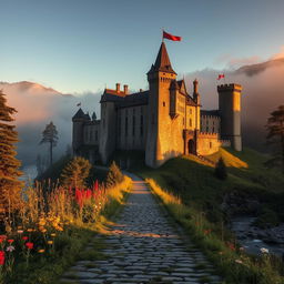 An impressive medieval castle situated on a hilltop, surrounded by misty forests and a serene river flowing nearby