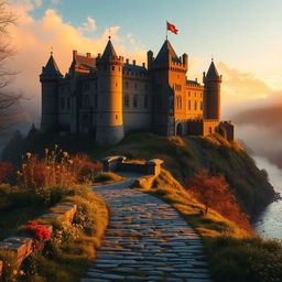 An impressive medieval castle situated on a hilltop, surrounded by misty forests and a serene river flowing nearby