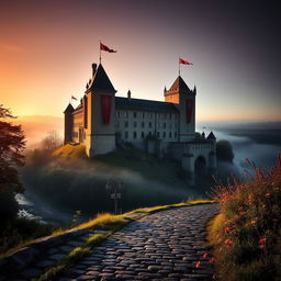 An impressive medieval castle situated on a hilltop, surrounded by misty forests and a serene river flowing nearby