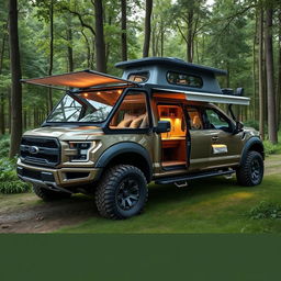 A pickup truck artistically transformed into a luxurious camper