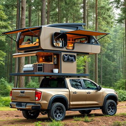 A pickup truck artistically transformed into a luxurious camper