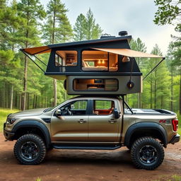 A pickup truck artistically transformed into a luxurious camper