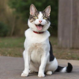 An adult cat-dog hybrid, perfectly blending feline grace and canine exuberance. The cat side has sleek, mature markings, while the dog half showcases full grown features with a wagging tail.