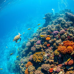 a spectacular coral reef teeming with marine life, including colorful fish, sea turtles, and vibrant corals